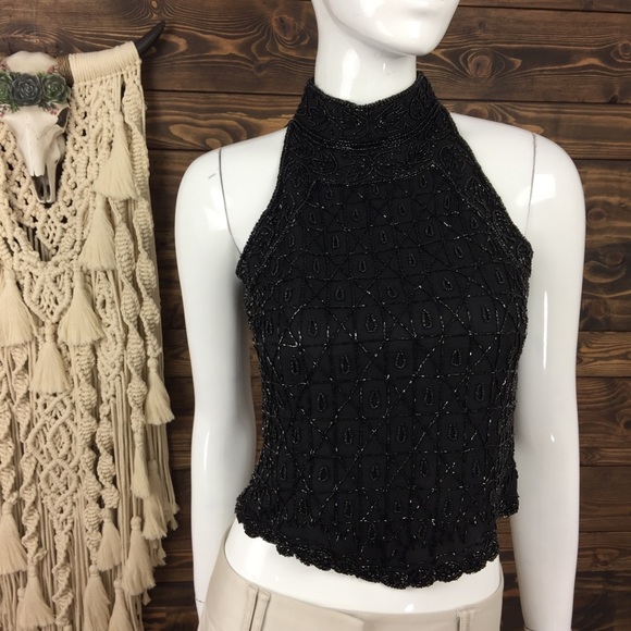 Cote D’azur | Beaded Halter Evening Silk Top - Picture 1 of 8